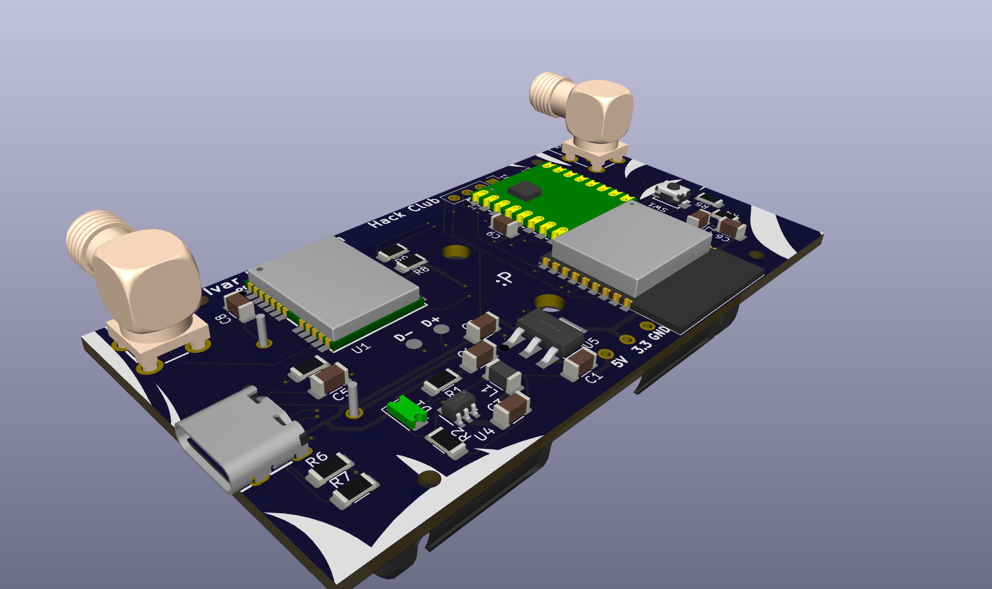 GPSbort board render with two SMA connectors